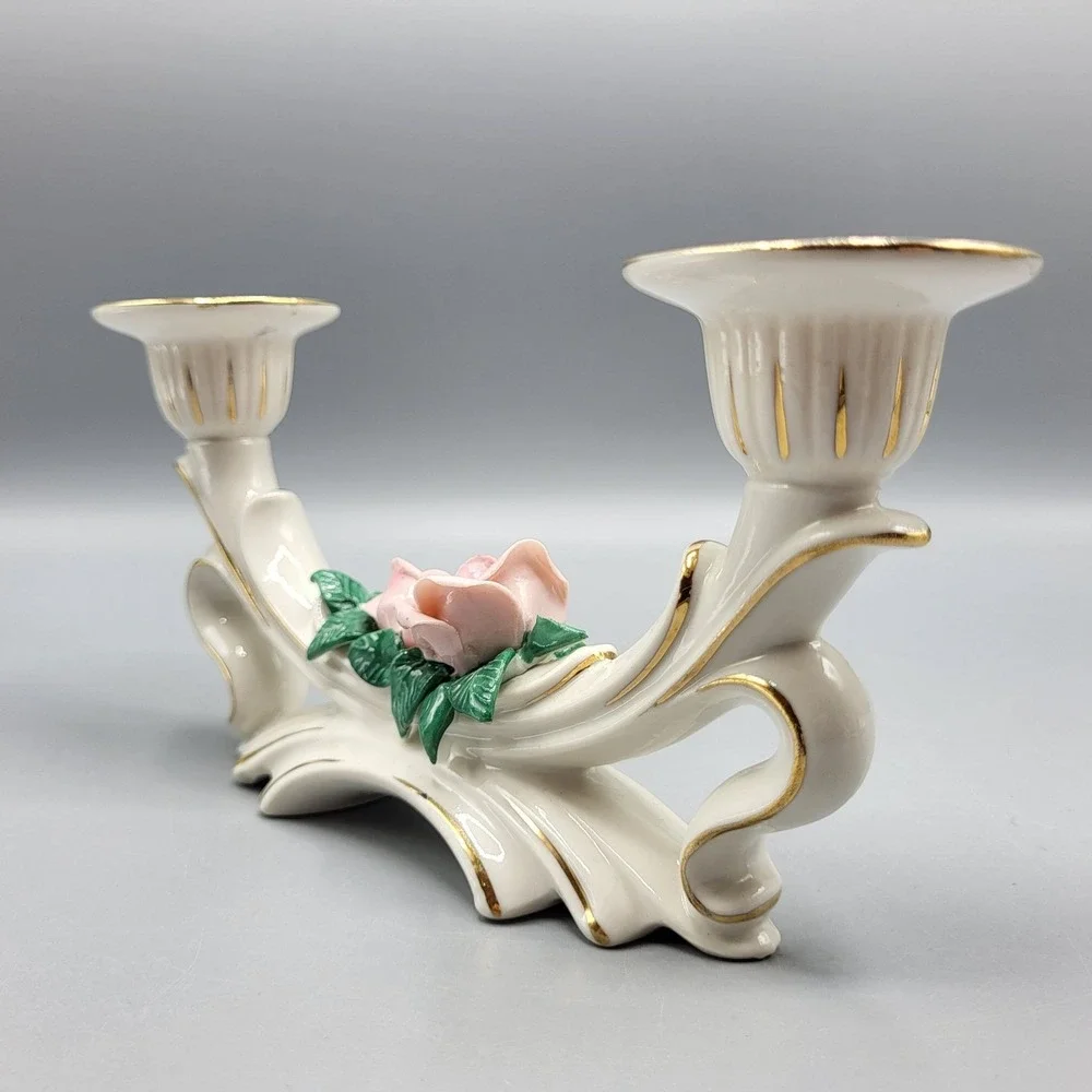 Vtg Dresden Porcelain Rose Double Candle Holder Candlestick Set of 2 Germany
